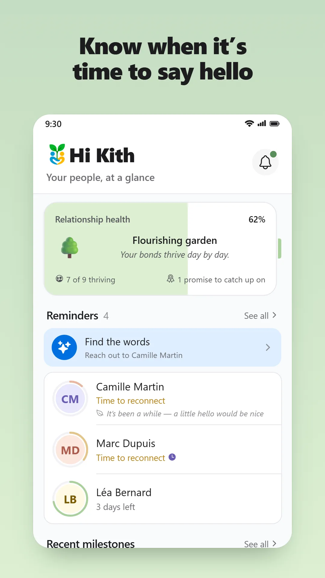 Écran d’accueil de Hi Kith : santé des relations et rappels de contact du jour
