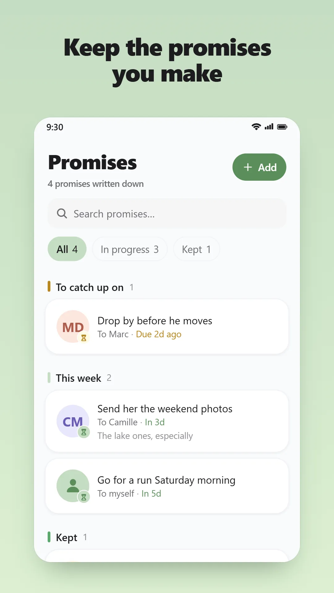 Liste des promesses : à rattraper, de la semaine et tenues